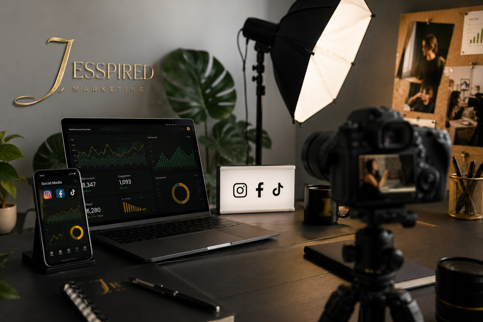 Setup-ul Jesspired - dashboard de social media și echipament foto